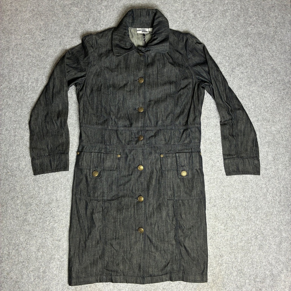 Chicos Platinum Sz 1 Dark Wash Denim Button Front Utility Shirt Dress Coat Gray